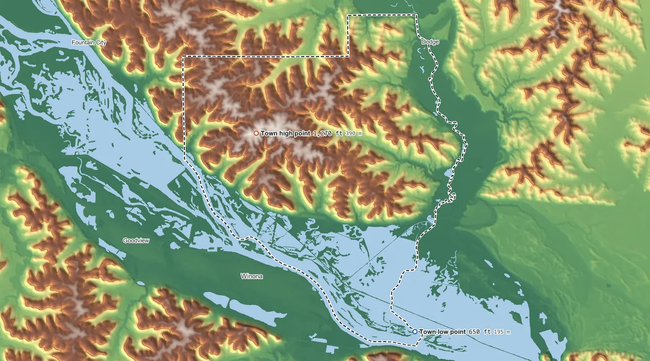 Topographic elevation map of Buffalo, Buffalo County, Wisconsin, shaded from 650 ft on the south side to 1,270 ft on the west side
