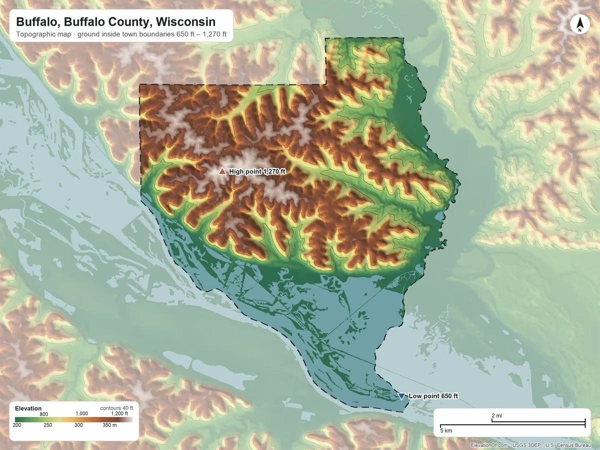 Topographic elevation map of Buffalo, Buffalo County, Wisconsin, shaded from 650 ft on the south side to 1,270 ft on the west side