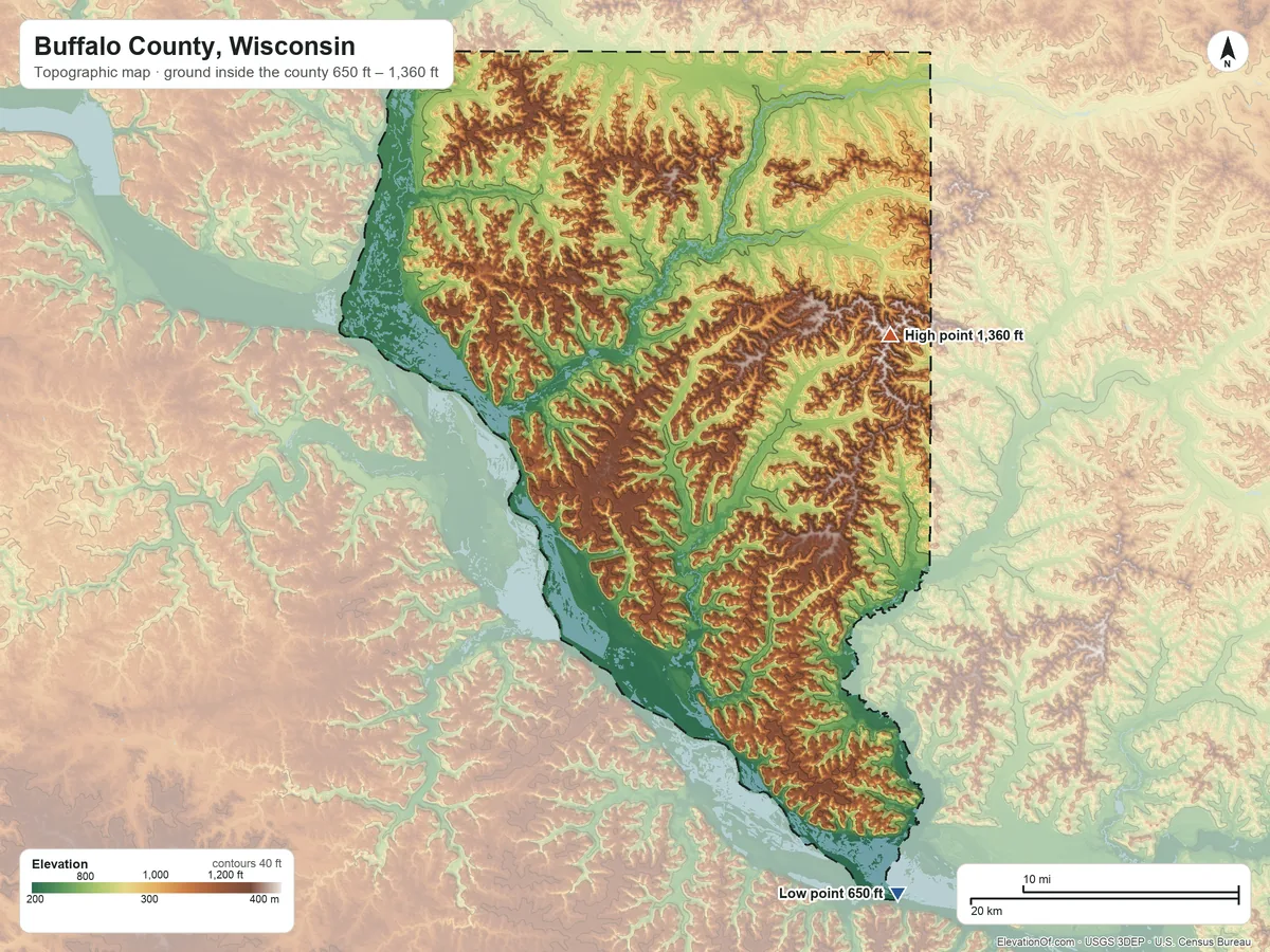 Topographic elevation map of Buffalo County, Wisconsin, shaded from 650 ft on the southeast side to 1,360 ft on the northeast side