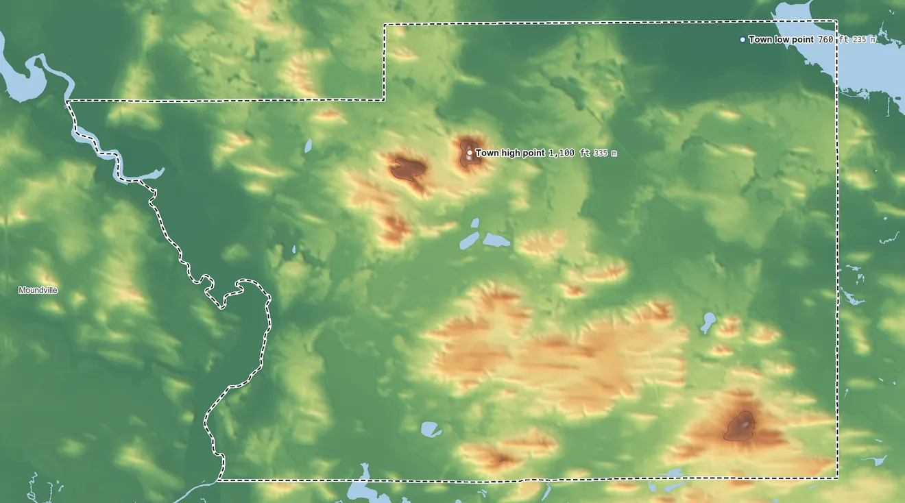 Topographic elevation map of Buffalo, Wisconsin, shaded from 760 ft on the northeast side to 1,100 ft on Observatory Hill