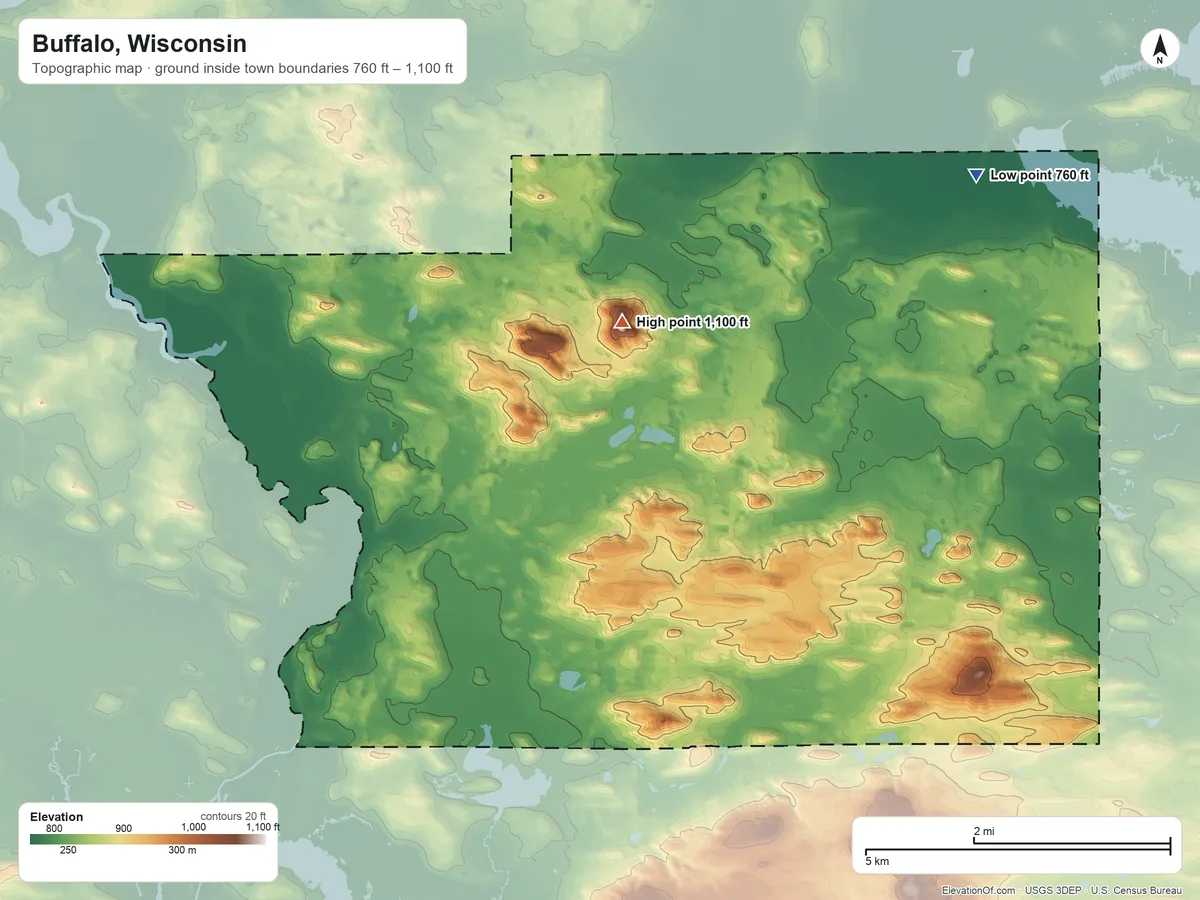 Topographic elevation map of Buffalo, Wisconsin, shaded from 760 ft on the northeast side to 1,100 ft on Observatory Hill