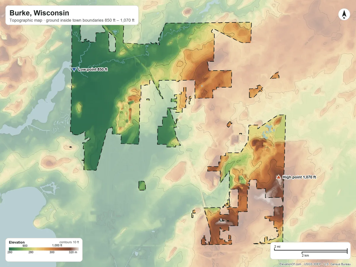 Topographic elevation map of Burke, Wisconsin, shaded from 850 ft on the west side to 1,070 ft on the southeast side
