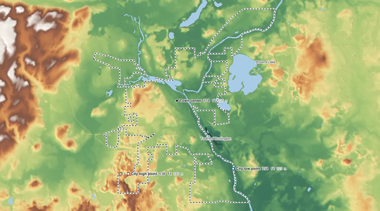 Topographic elevation map of Burlington, Wisconsin, shaded from 750 ft on the southeast side to 930 ft on the southwest side