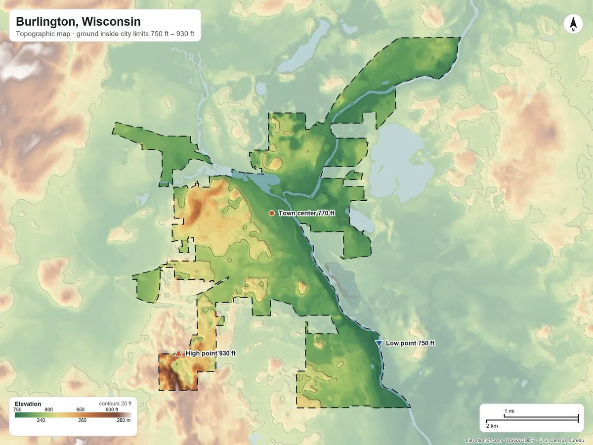 Topographic elevation map of Burlington, Wisconsin, shaded from 750 ft on the southeast side to 930 ft on the southwest side