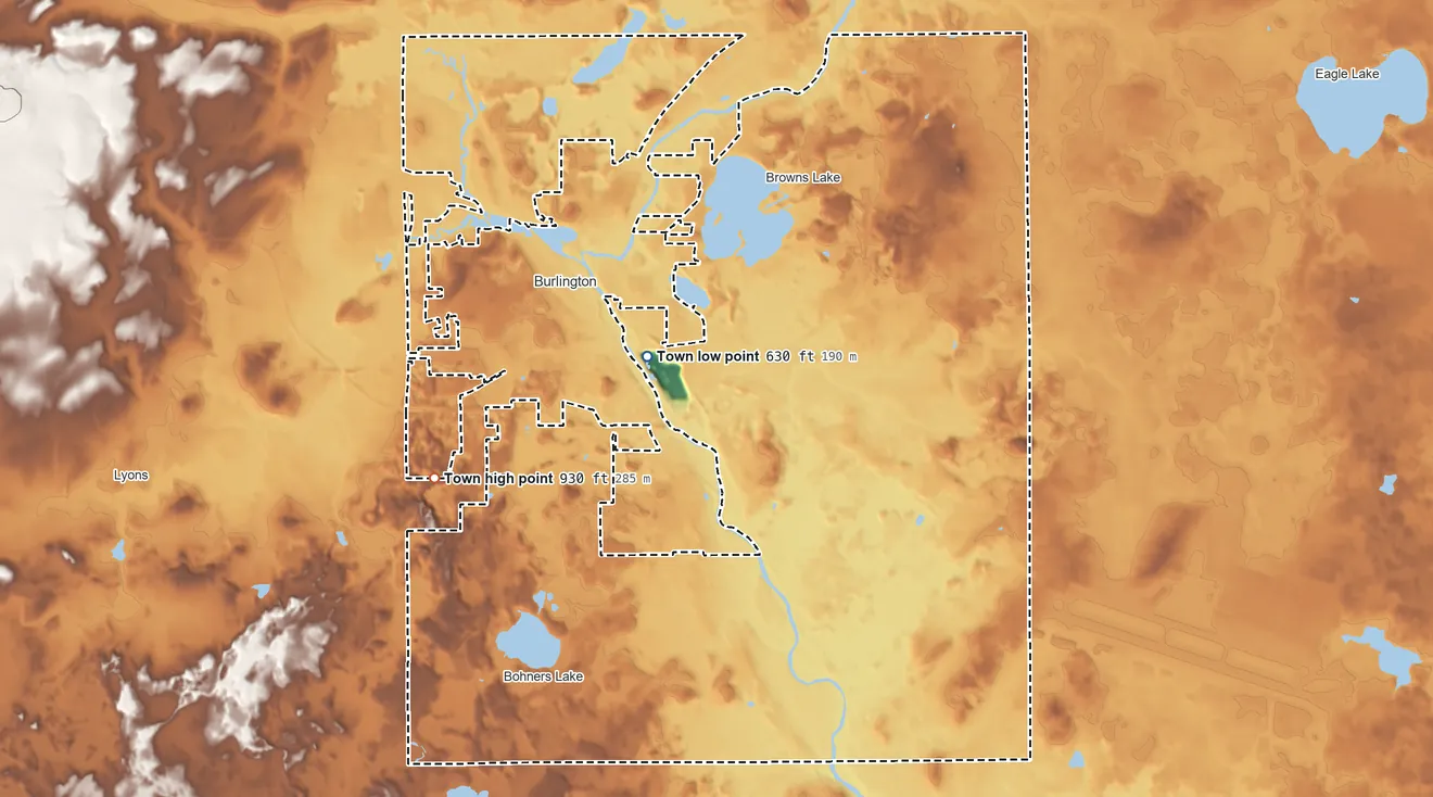Topographic elevation map of Town of Burlington, Wisconsin, shaded from 630 ft near the middle to 930 ft on the west side