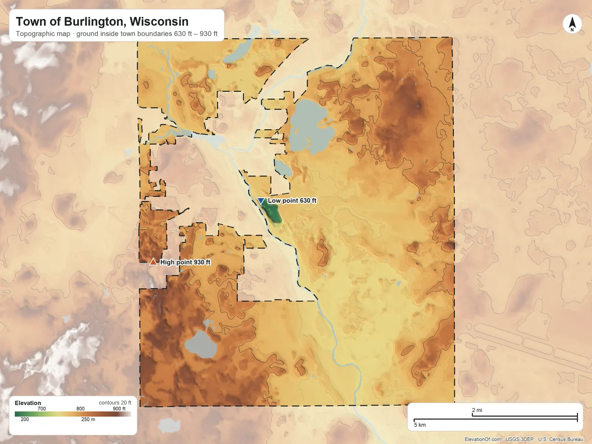 Topographic elevation map of Town of Burlington, Wisconsin, shaded from 630 ft near the middle to 930 ft on the west side