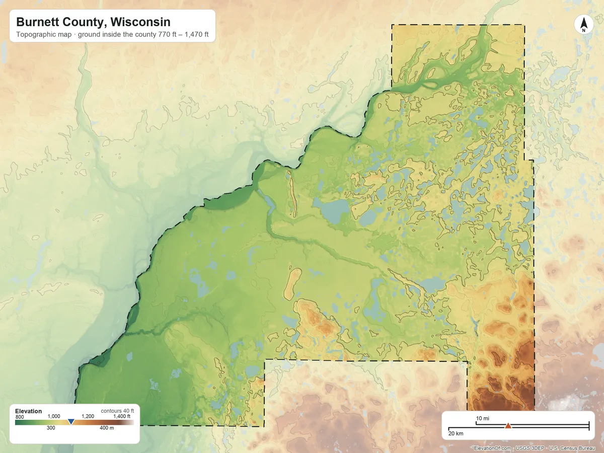 Topographic elevation map of Burnett County, Wisconsin, shaded from 770 ft on the southwest side to 1,470 ft on the southeast side