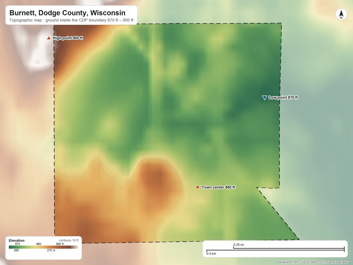 Topographic elevation map of Burnett, Dodge County, Wisconsin, shaded from 870 ft on the northeast side to 900 ft on the northwest side