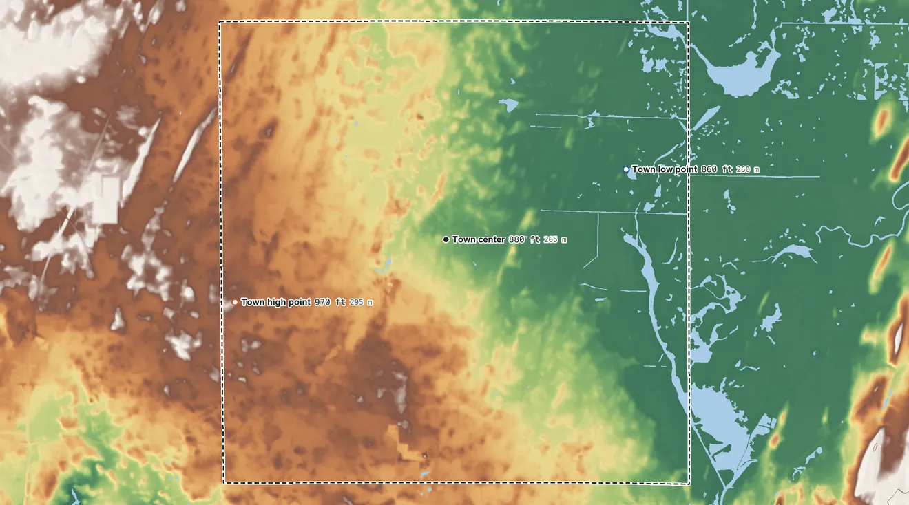 Topographic elevation map of Burnett, Wisconsin, shaded from 860 ft on the east side to 970 ft on the west side