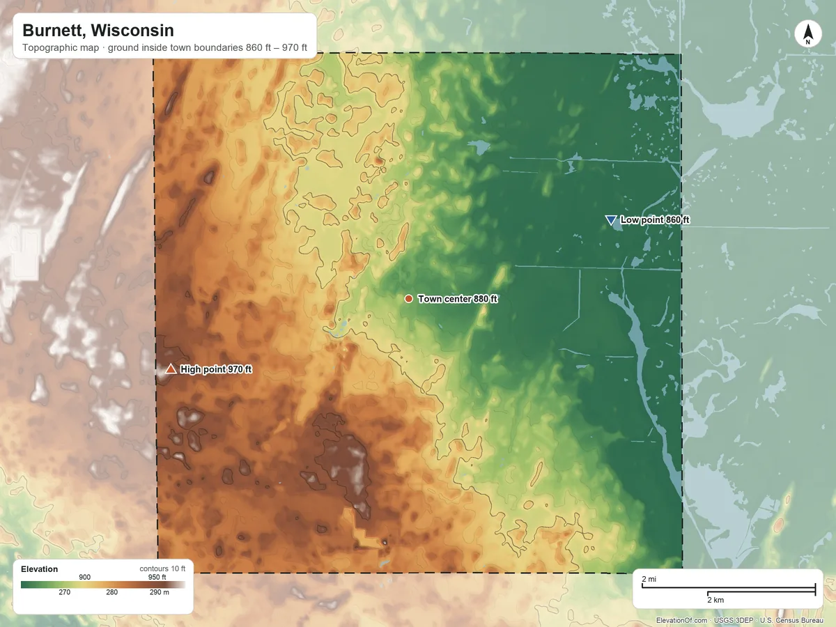 Topographic elevation map of Burnett, Wisconsin, shaded from 860 ft on the east side to 970 ft on the west side
