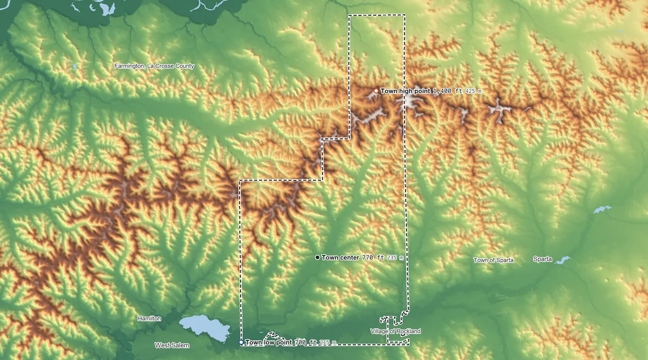 Topographic elevation map of Burns, Wisconsin, shaded from 700 ft on the southwest side to 1,400 ft on the north side