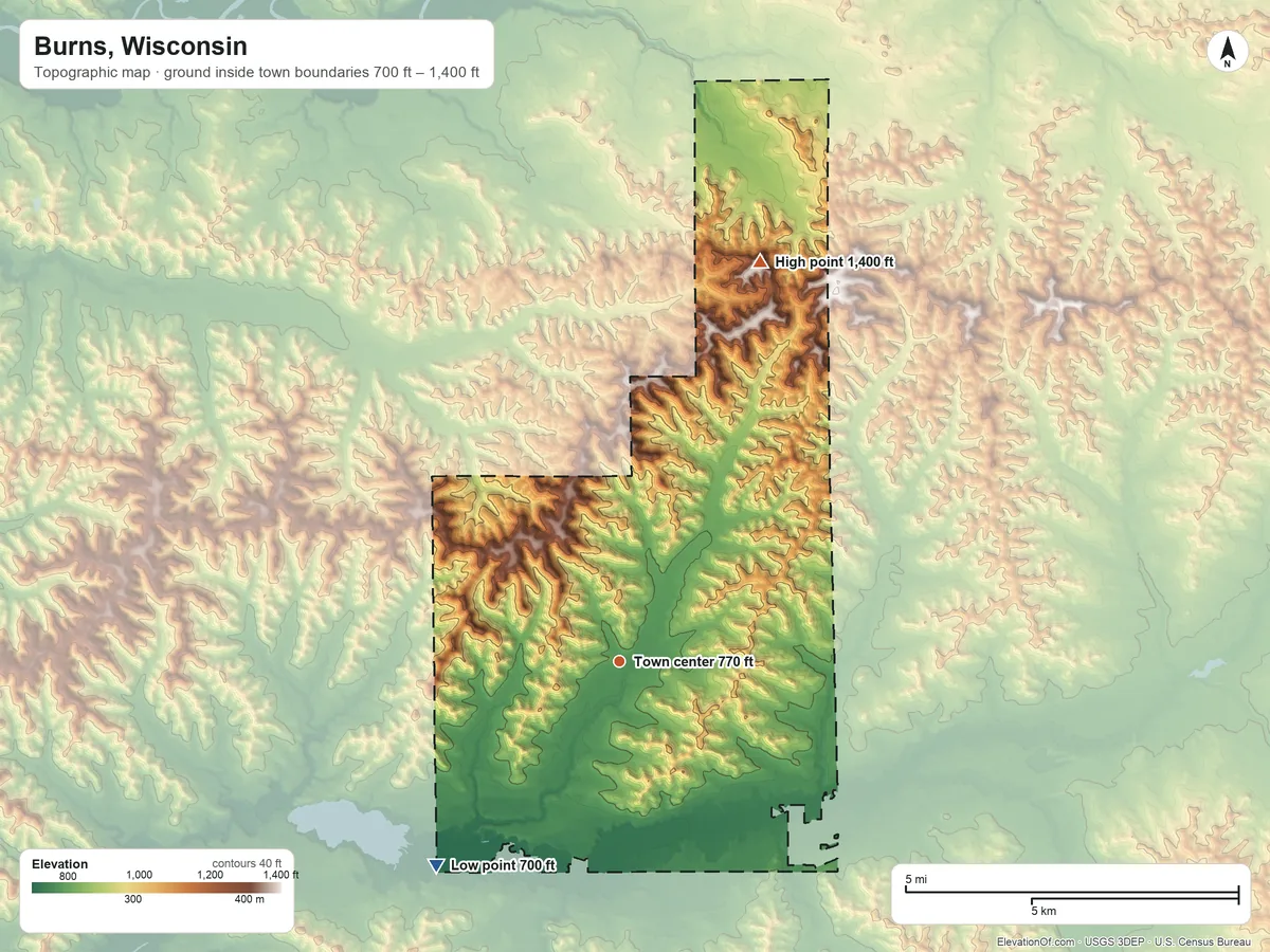 Topographic elevation map of Burns, Wisconsin, shaded from 700 ft on the southwest side to 1,400 ft on the north side