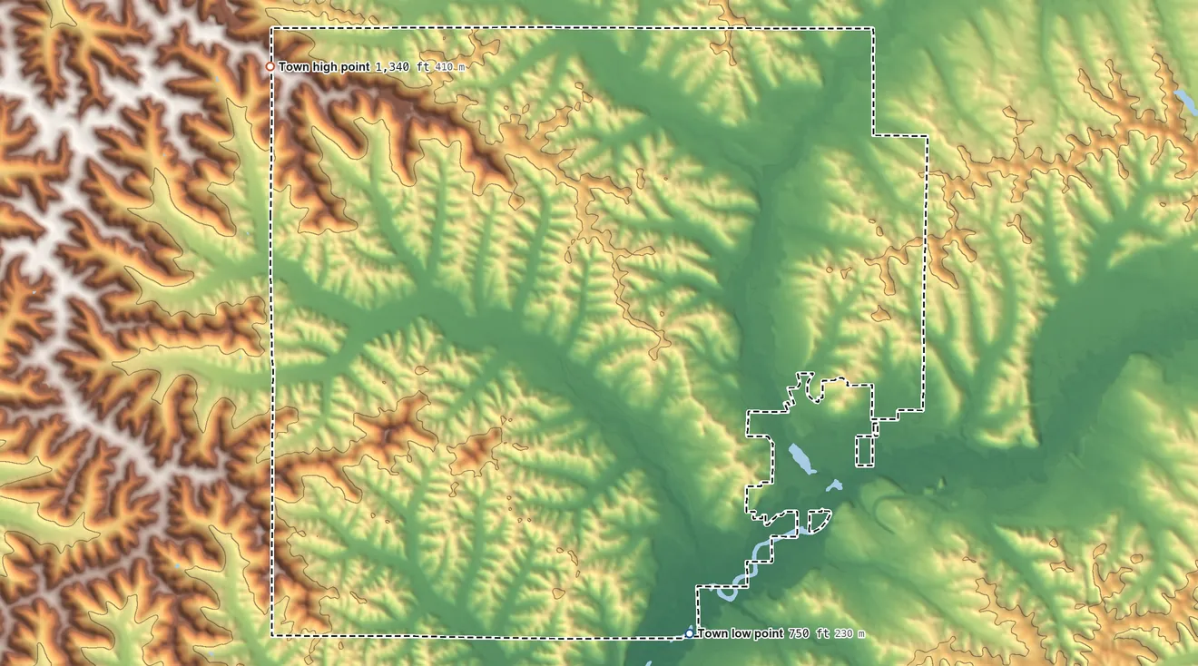 Topographic elevation map of Burnside, Wisconsin, shaded from 750 ft on the south side to 1,340 ft on the northwest side