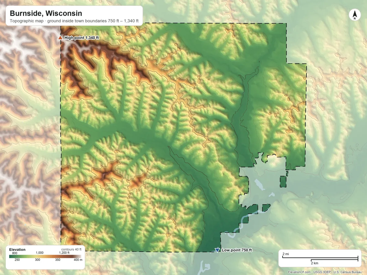 Topographic elevation map of Burnside, Wisconsin, shaded from 750 ft on the south side to 1,340 ft on the northwest side