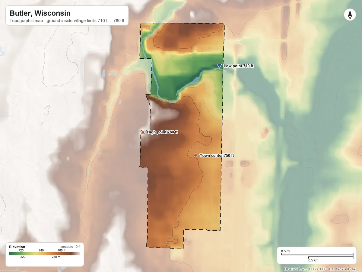 Topographic elevation map of Butler, Wisconsin, shaded from 710 ft on the north side to 780 ft on the northwest side
