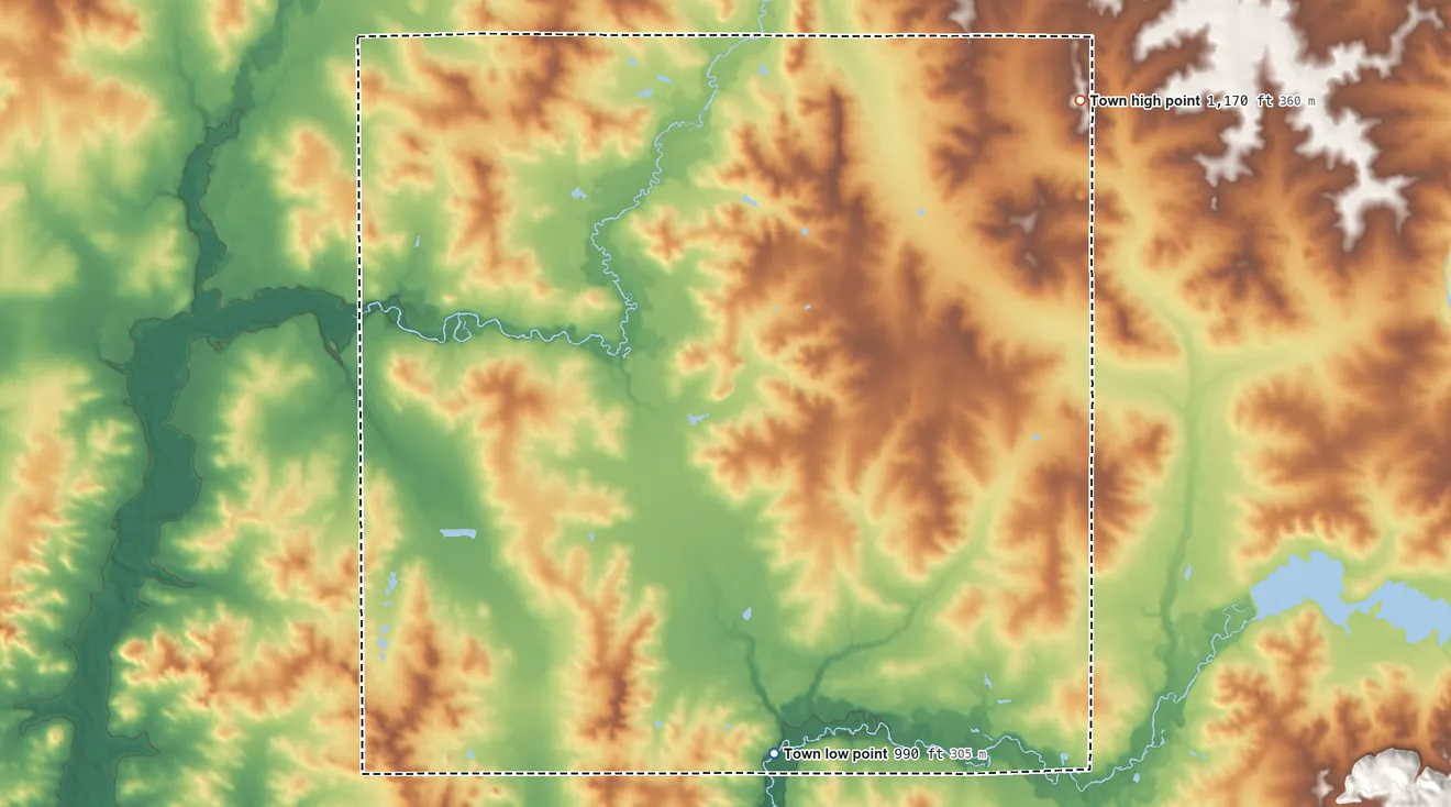 Topographic elevation map of Town of Butler, Wisconsin, shaded from 990 ft on the south side to 1,170 ft on the northeast side
