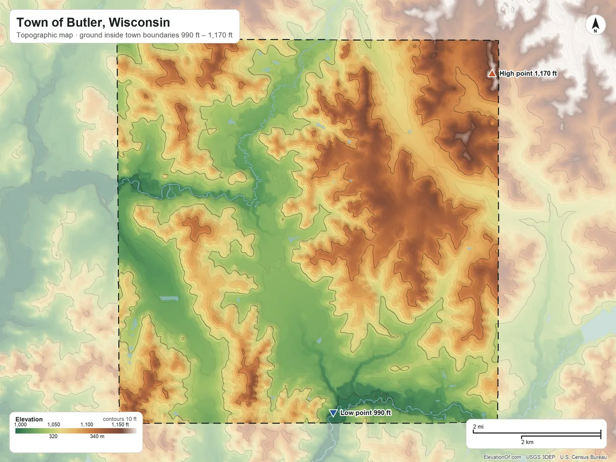 Topographic elevation map of Town of Butler, Wisconsin, shaded from 990 ft on the south side to 1,170 ft on the northeast side