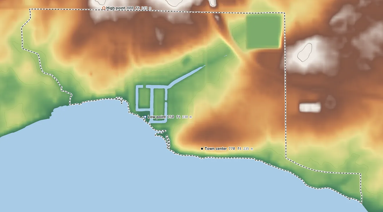 Topographic elevation map of Butte des Morts, Wisconsin, shaded from 750 ft on the northwest side to 800 ft on the northwest side