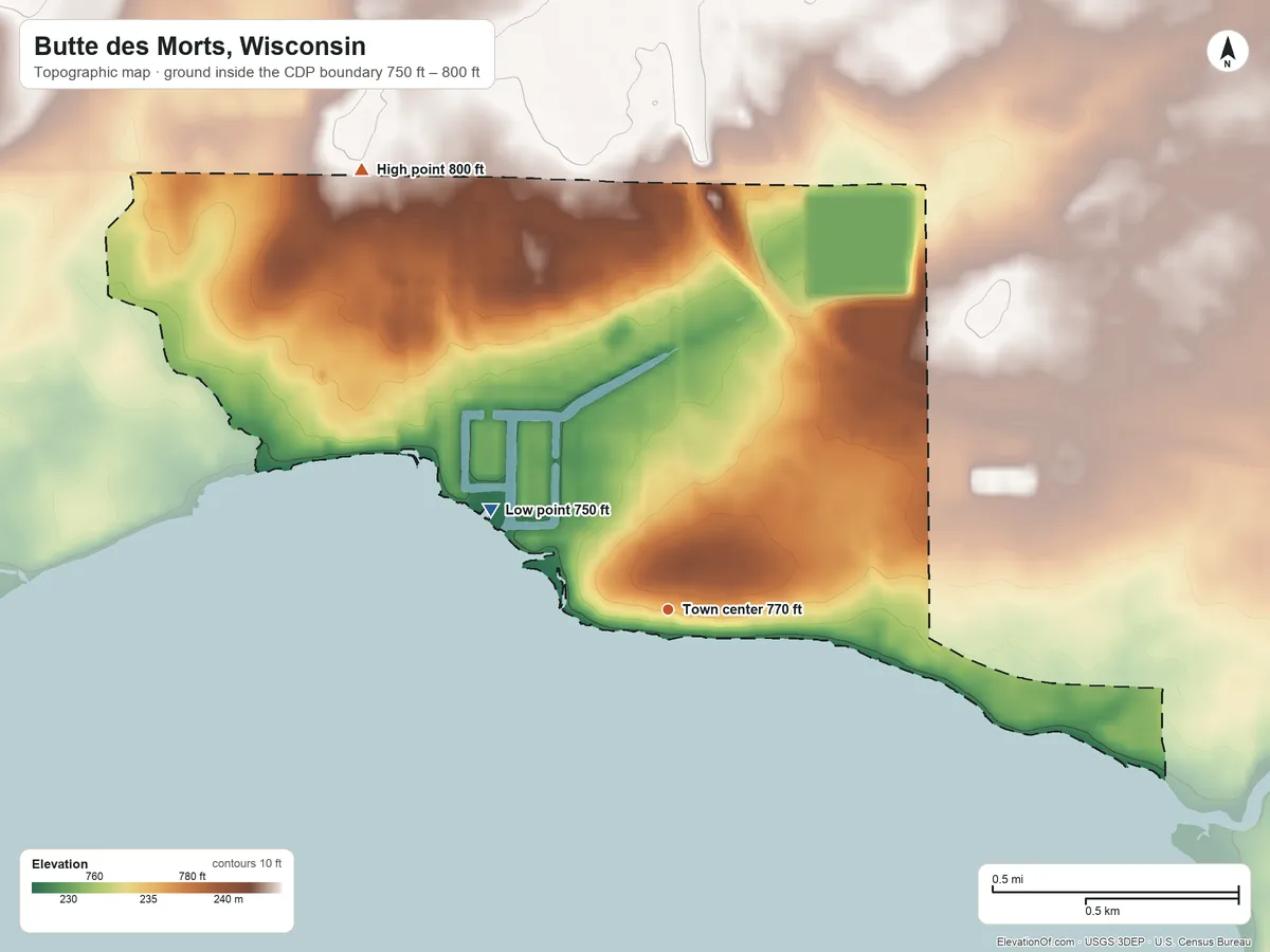 Topographic elevation map of Butte des Morts, Wisconsin, shaded from 750 ft on the northwest side to 800 ft on the northwest side
