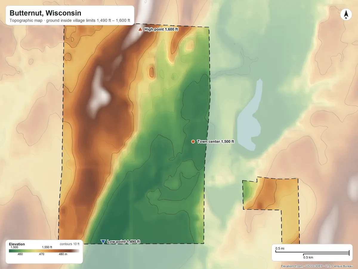 Topographic elevation map of Butternut, Wisconsin, shaded from 1,490 ft on the southwest side to 1,600 ft on the northwest side