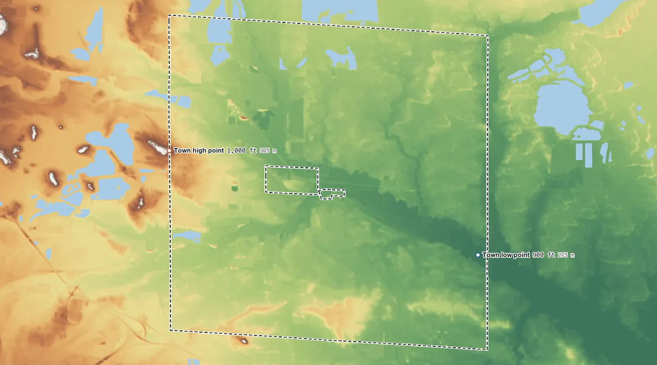 Topographic elevation map of Byron, Monroe County, Wisconsin, shaded from 900 ft on the east side to 1,000 ft on the west side