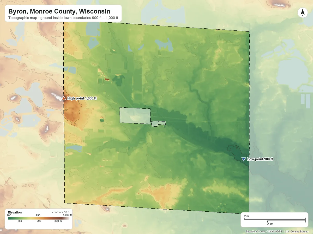 Topographic elevation map of Byron, Monroe County, Wisconsin, shaded from 900 ft on the east side to 1,000 ft on the west side