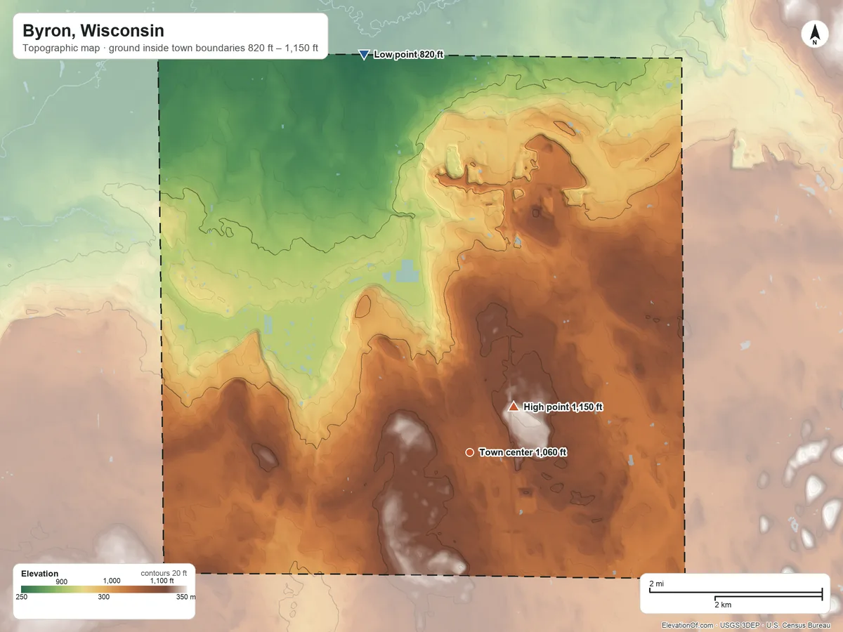 Topographic elevation map of Byron, Wisconsin, shaded from 820 ft on the north side to 1,150 ft near the middle