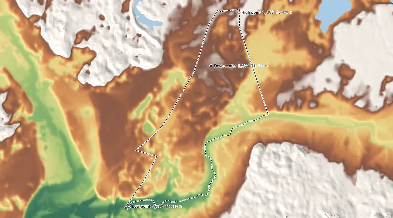 Topographic elevation map of Cable, Bayfield County, Wisconsin, shaded from 1,290 ft on the southwest side to 1,380 ft on the northeast side