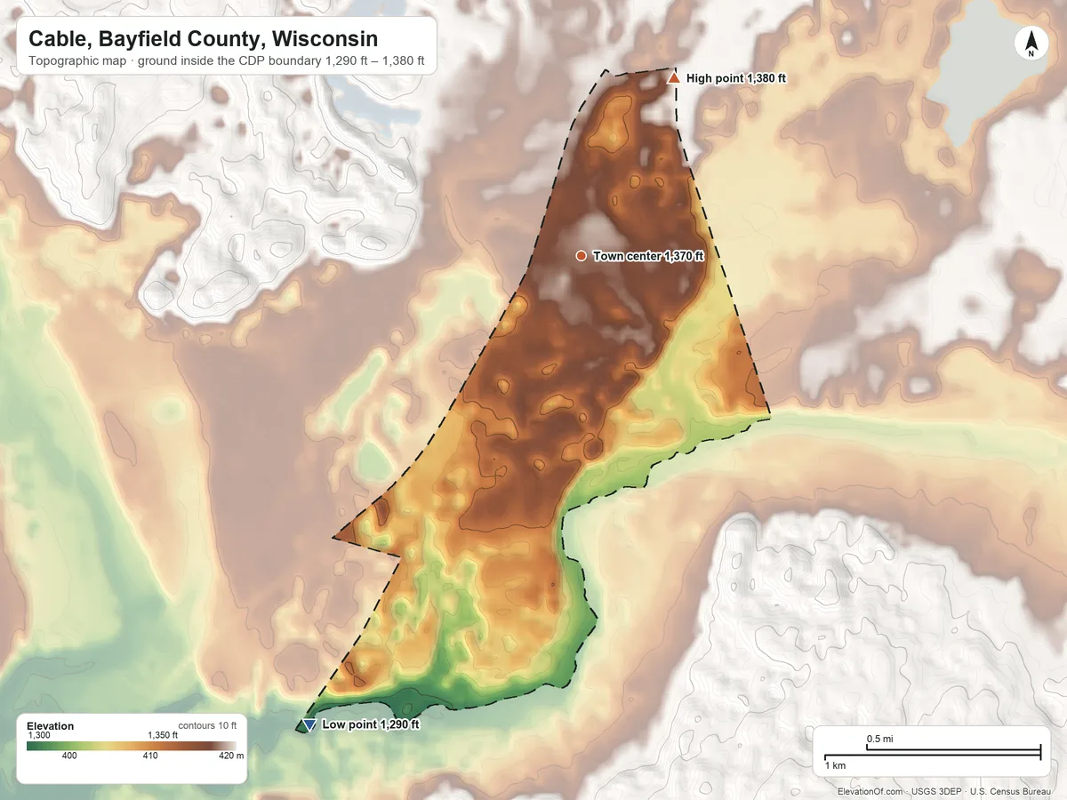 Topographic elevation map of Cable, Bayfield County, Wisconsin, shaded from 1,290 ft on the southwest side to 1,380 ft on the northeast side