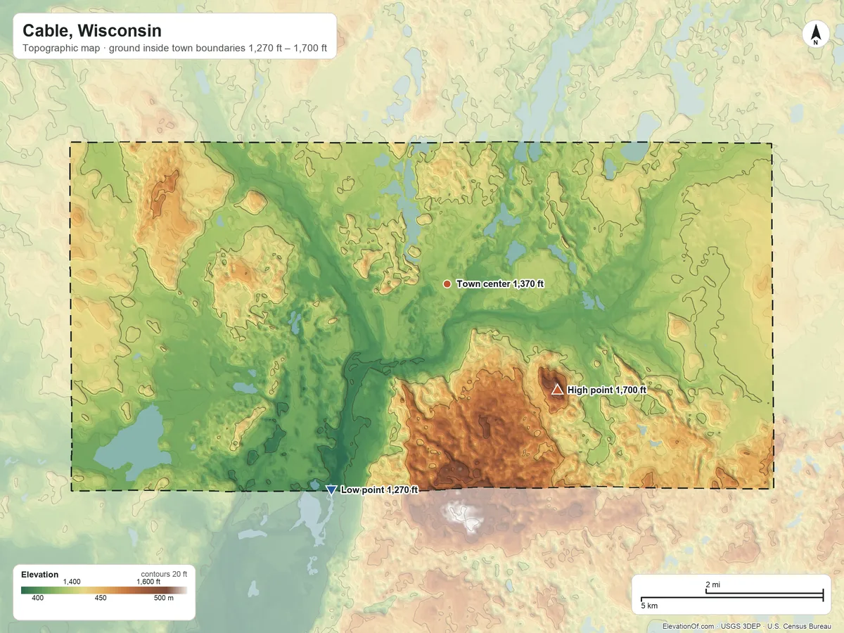 Topographic elevation map of Cable, Wisconsin, shaded from 1,270 ft on the southwest side to 1,700 ft on Mount Telemark