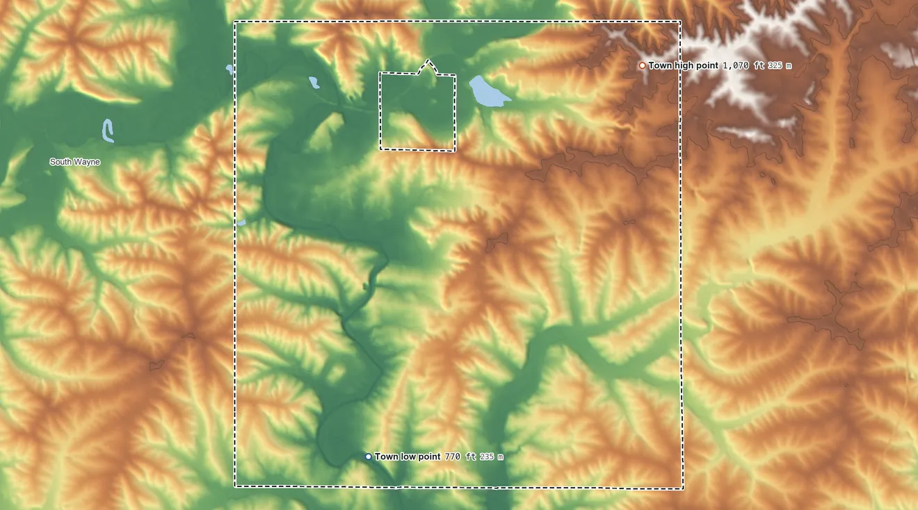 Topographic elevation map of Cadiz, Wisconsin, shaded from 770 ft on the southwest side to 1,070 ft on the northeast side