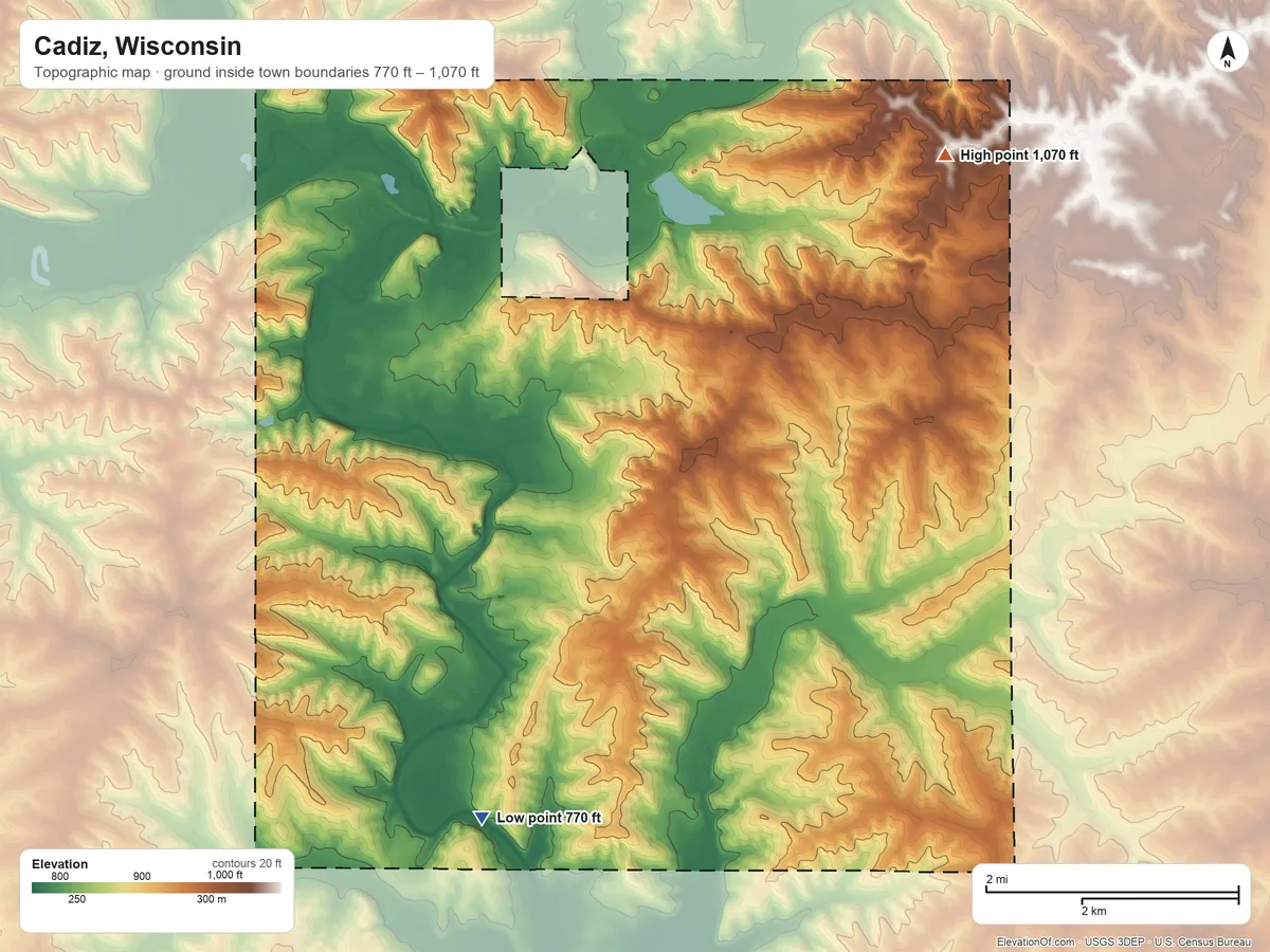 Topographic elevation map of Cadiz, Wisconsin, shaded from 770 ft on the southwest side to 1,070 ft on the northeast side