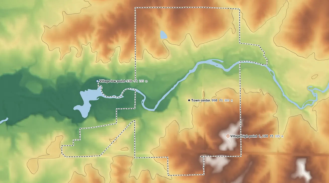 Topographic elevation map of Cadott, Wisconsin, shaded from 930 ft on the west side to 1,100 ft on the southeast side