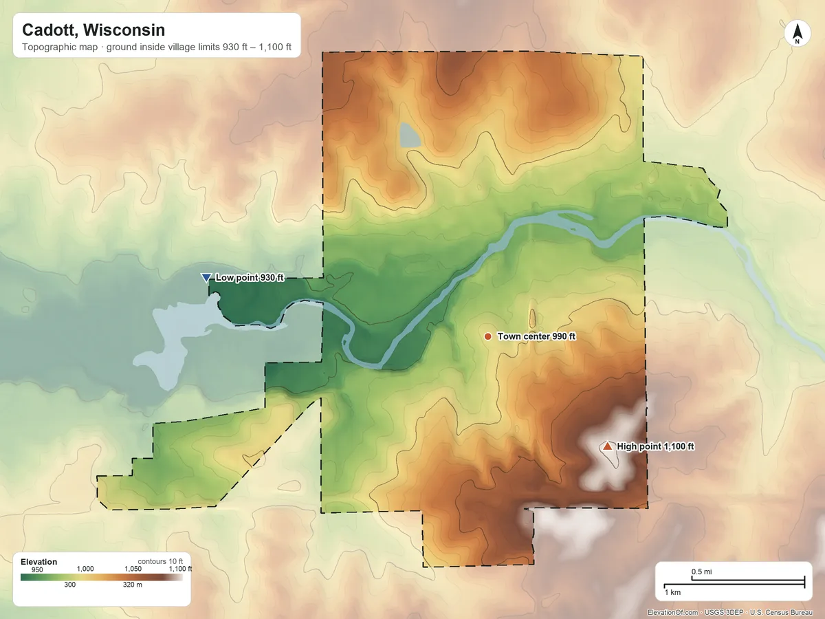 Topographic elevation map of Cadott, Wisconsin, shaded from 930 ft on the west side to 1,100 ft on the southeast side