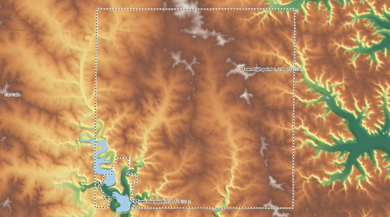 Topographic elevation map of Cady, Wisconsin, shaded from 950 ft on the southwest side to 1,290 ft on the northeast side