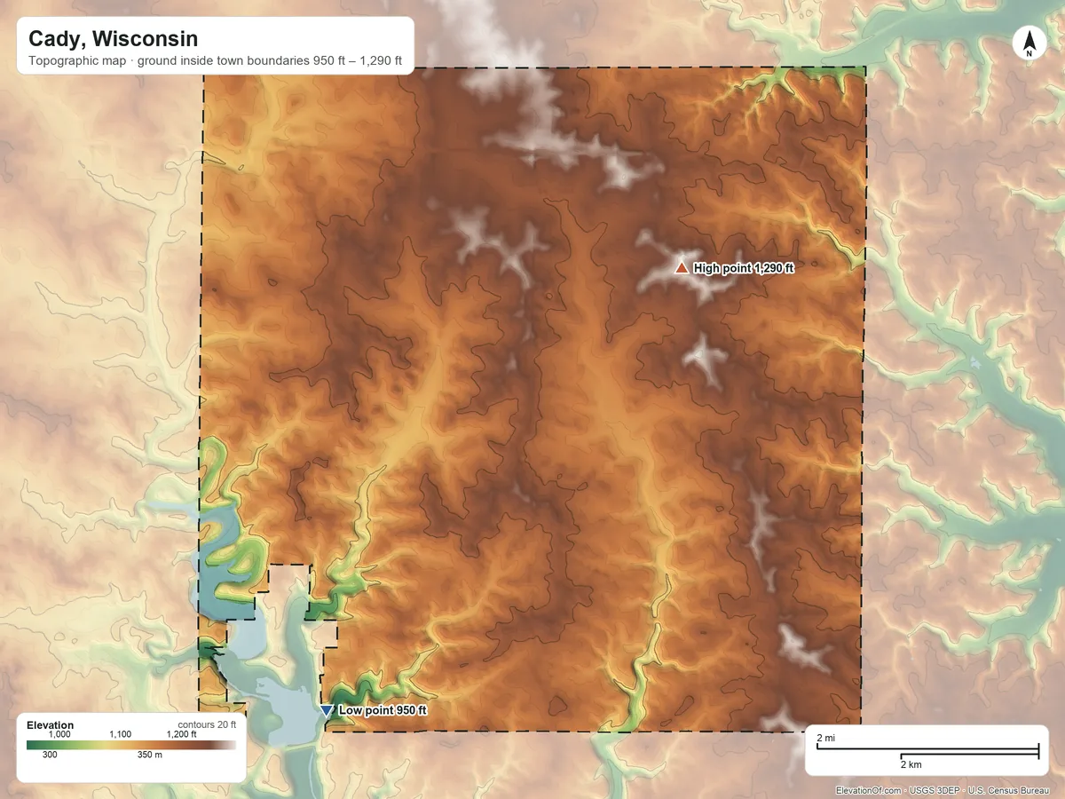 Topographic elevation map of Cady, Wisconsin, shaded from 950 ft on the southwest side to 1,290 ft on the northeast side