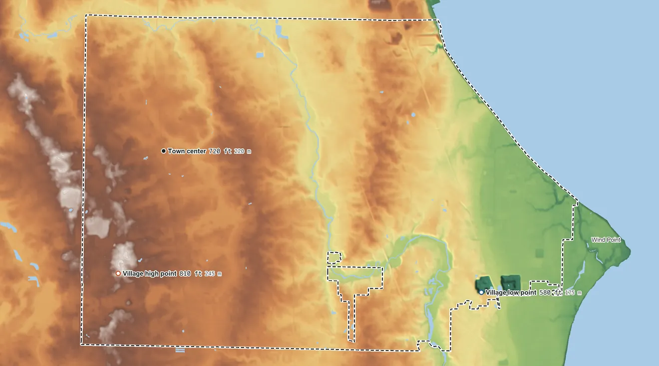 Topographic elevation map of Caledonia, Wisconsin, shaded from 580 ft on the southeast side to 810 ft on the south side