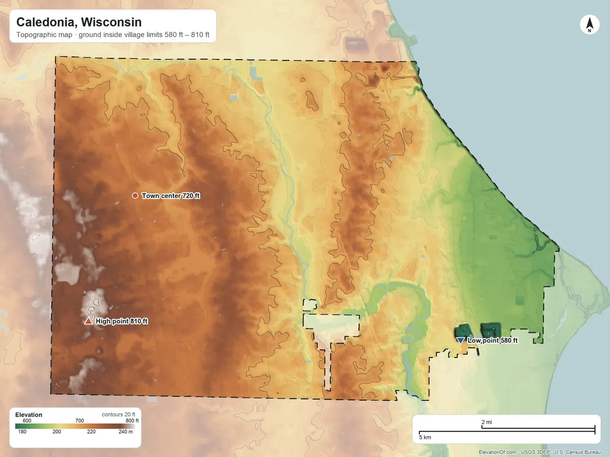 Topographic elevation map of Caledonia, Wisconsin, shaded from 580 ft on the southeast side to 810 ft on the south side