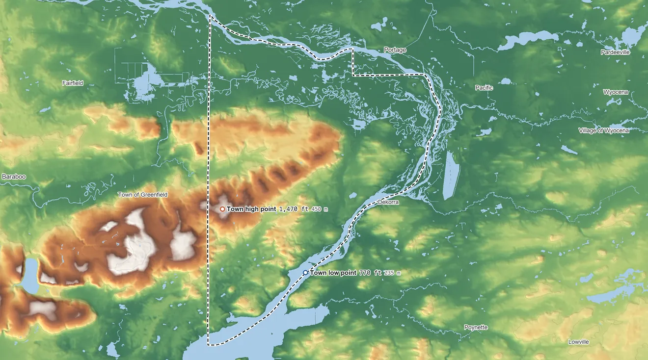 Topographic elevation map of Town of Caledonia, Wisconsin, shaded from 770 ft on the south side to 1,470 ft on the west side