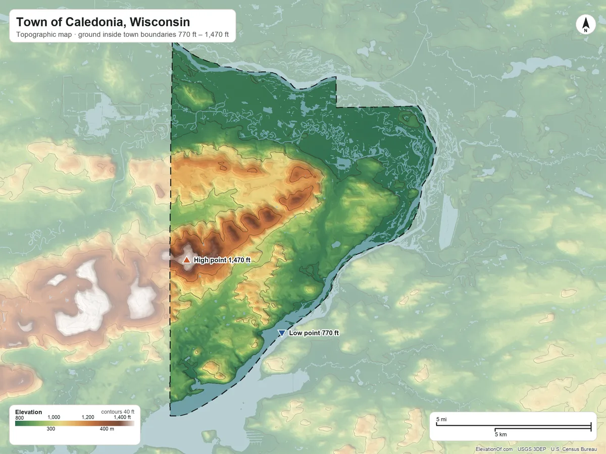 Topographic elevation map of Town of Caledonia, Wisconsin, shaded from 770 ft on the south side to 1,470 ft on the west side