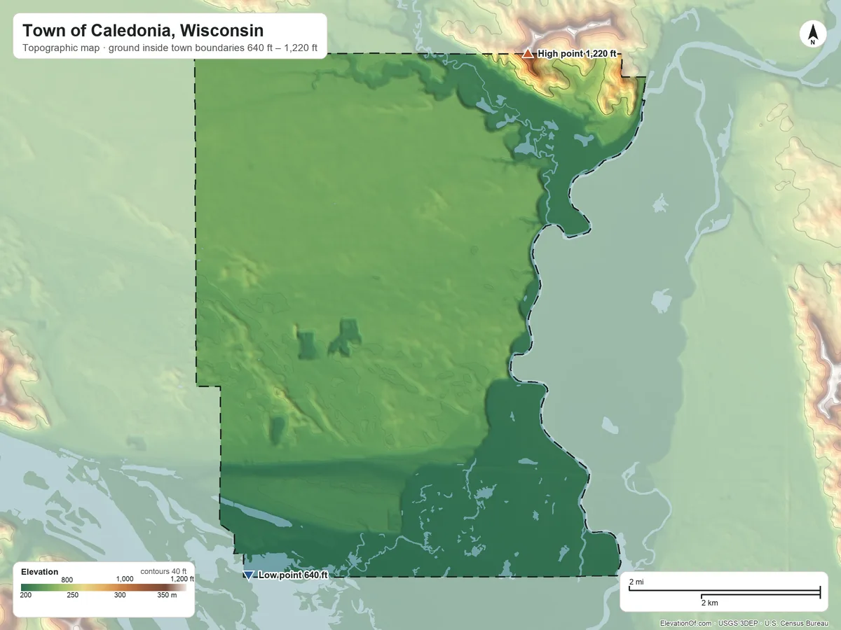 Topographic elevation map of Town of Caledonia, Wisconsin, shaded from 640 ft on the southwest side to 1,220 ft on the northeast side