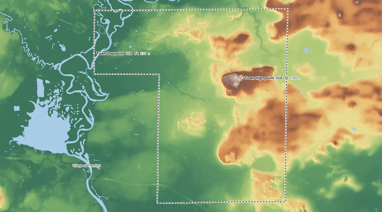 Topographic elevation map of Town of Caledonia, Wisconsin, shaded from 750 ft on the west side to 960 ft on the east side