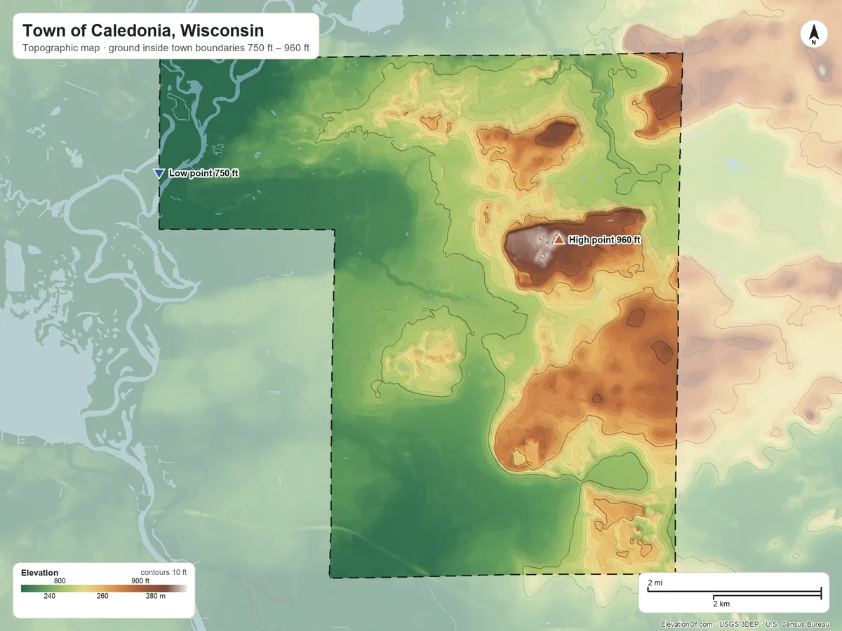 Topographic elevation map of Town of Caledonia, Wisconsin, shaded from 750 ft on the west side to 960 ft on the east side