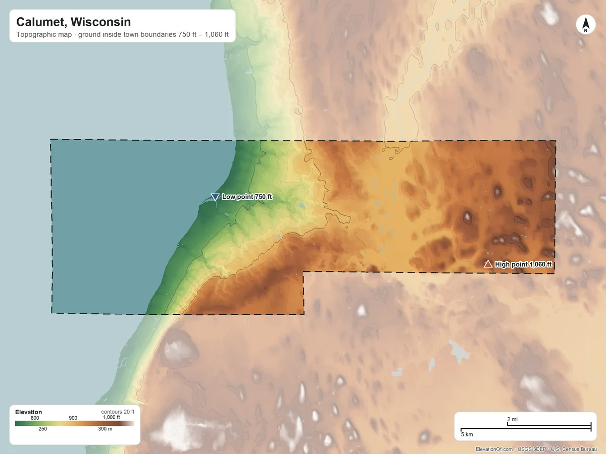 Topographic elevation map of Calumet, Wisconsin, shaded from 750 ft on the west side to 1,060 ft on the east side