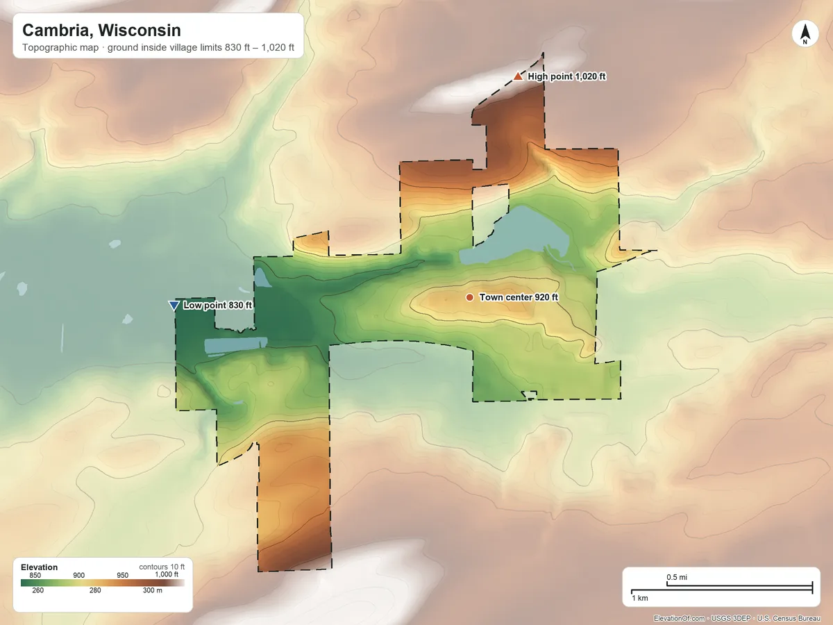Topographic elevation map of Cambria, Wisconsin, shaded from 830 ft on the west side to 1,020 ft on the north side