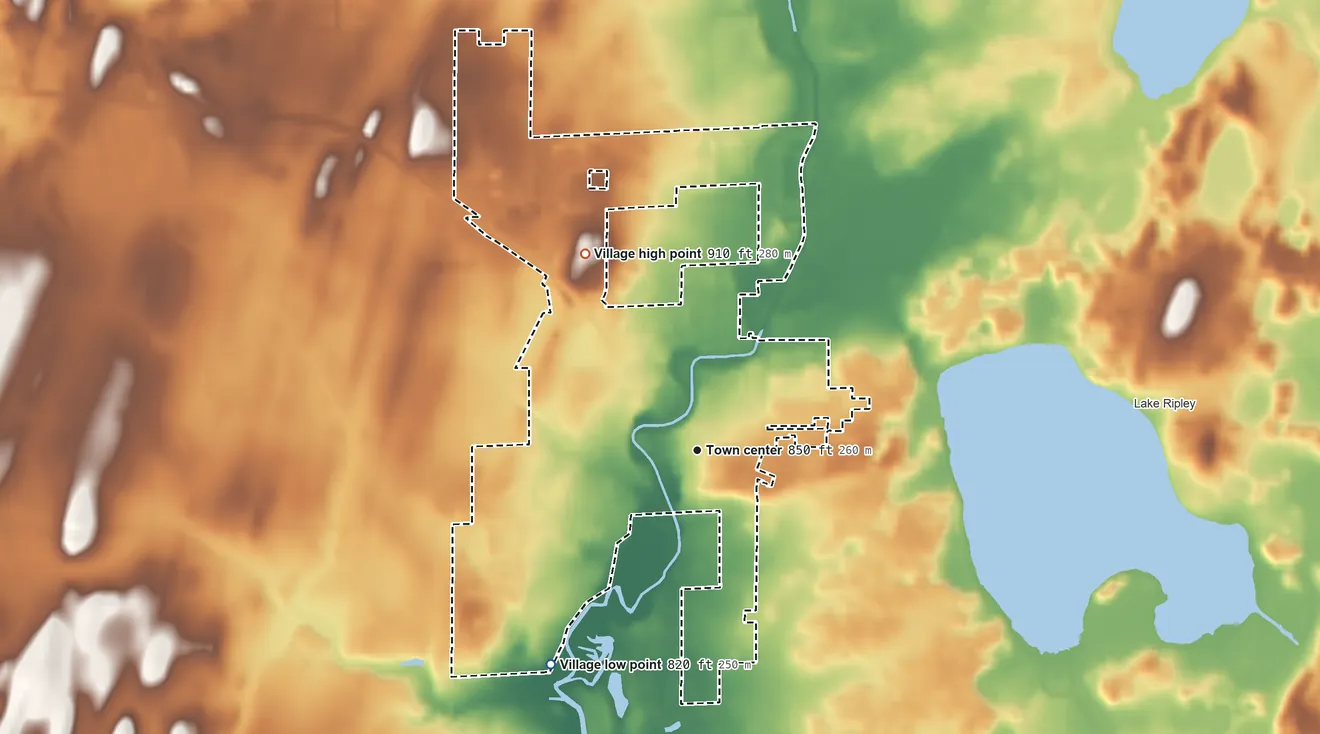 Topographic elevation map of Cambridge, Wisconsin, shaded from 820 ft on the southwest side to 910 ft on the northwest side