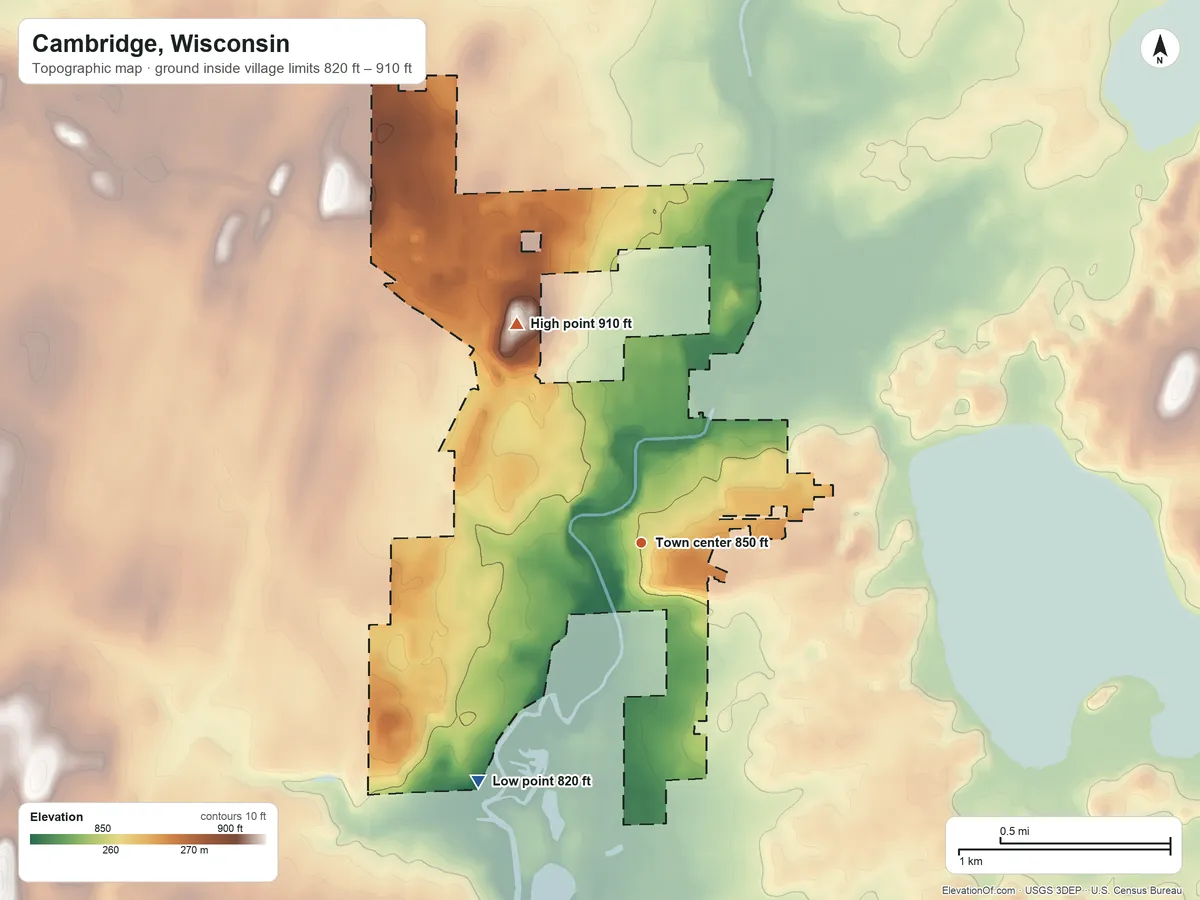 Topographic elevation map of Cambridge, Wisconsin, shaded from 820 ft on the southwest side to 910 ft on the northwest side