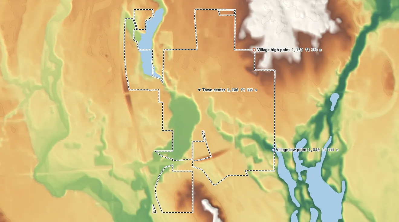 Topographic elevation map of Cameron, Wisconsin, shaded from 1,040 ft on the southeast side to 1,160 ft on the northeast side