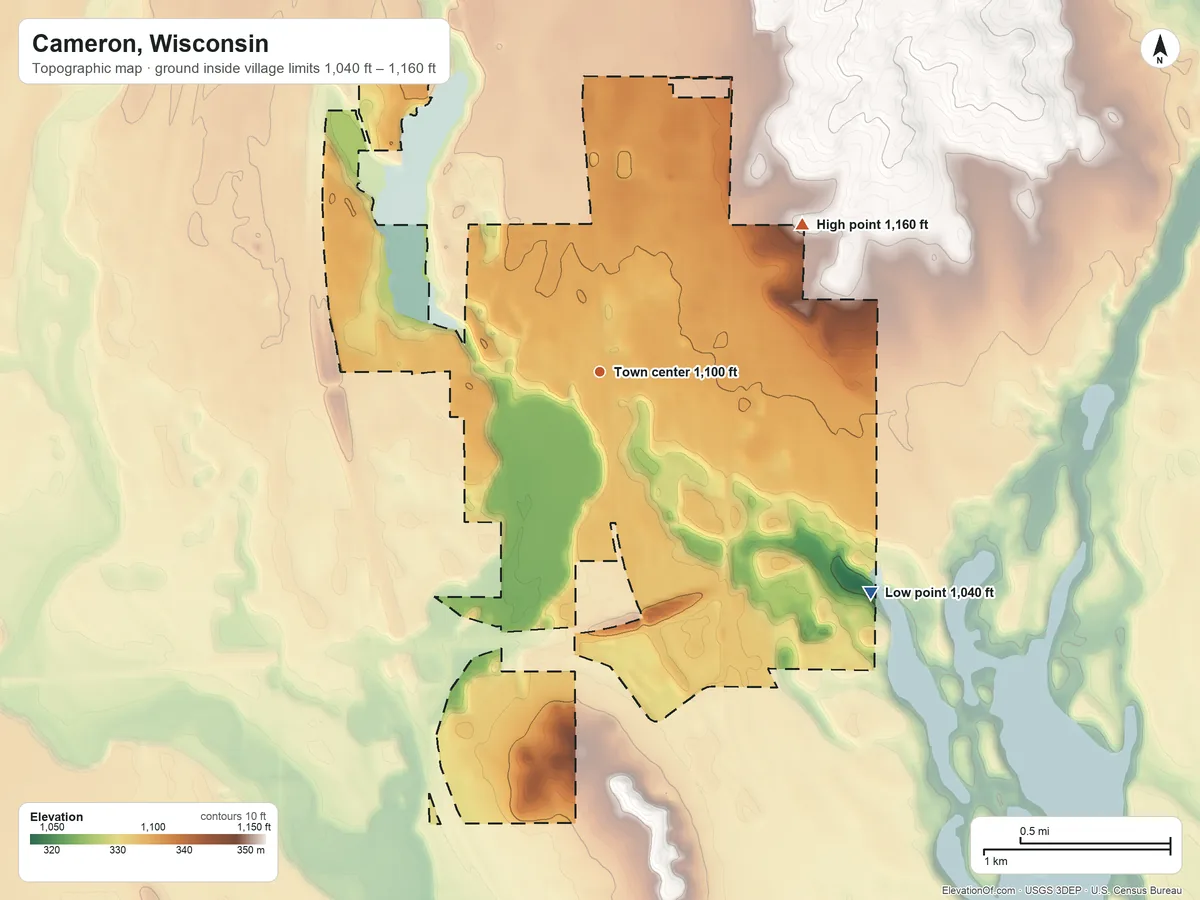 Topographic elevation map of Cameron, Wisconsin, shaded from 1,040 ft on the southeast side to 1,160 ft on the northeast side