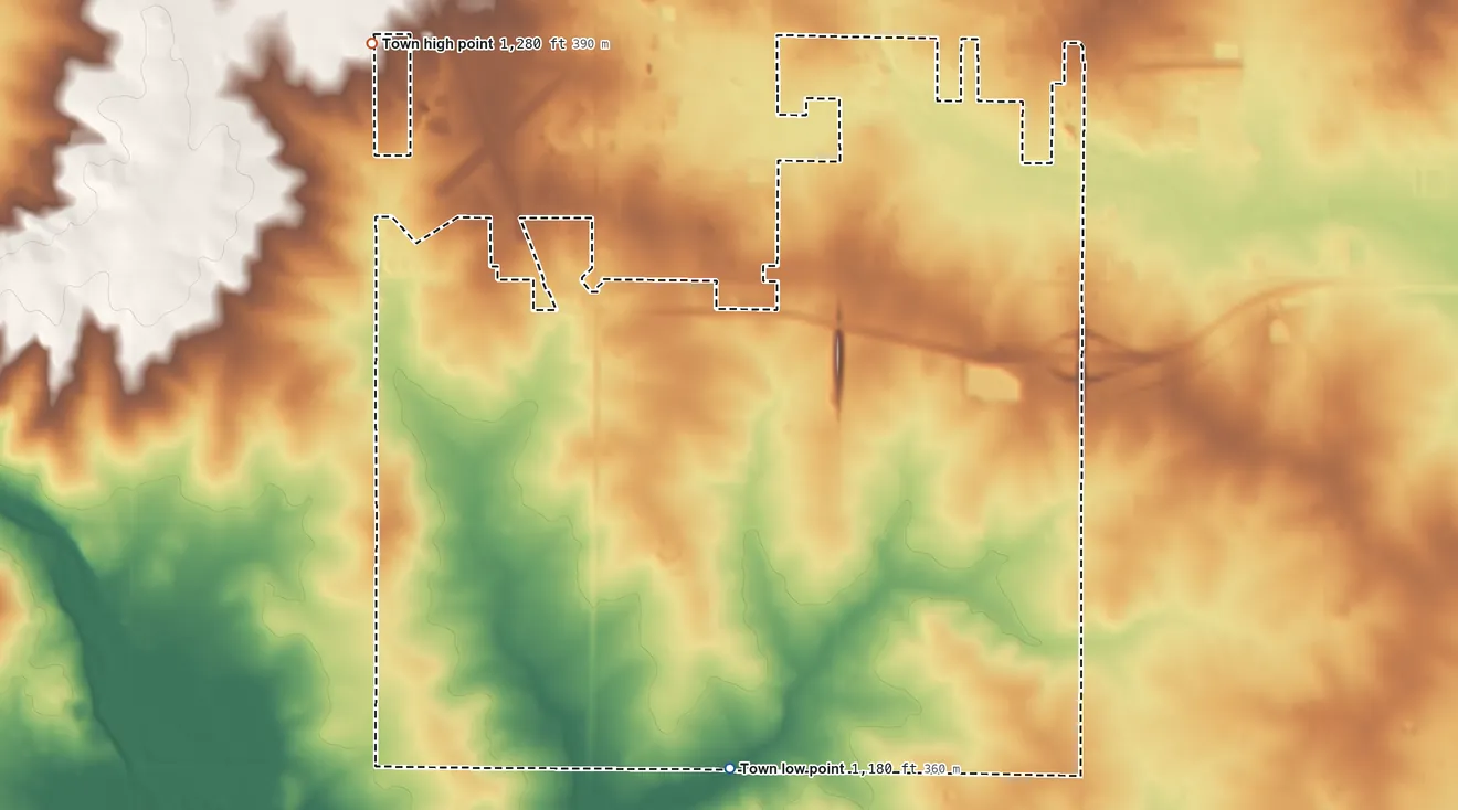 Topographic elevation map of Town of Cameron, Wisconsin, shaded from 1,180 ft on the south side to 1,280 ft on the northwest side